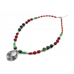 Exclusive necklace "Etna" Zoisite, Coral rice, galovka, Mother-of-pearl rondel