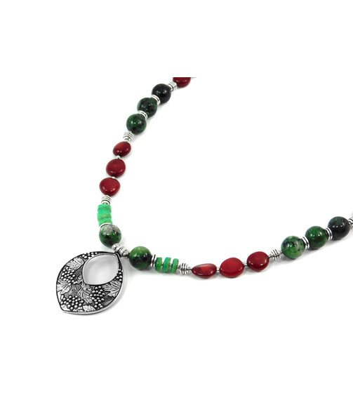 Exclusive necklace "Etna" Zoisite, Coral rice, galovka, Mother-of-pearl rondel