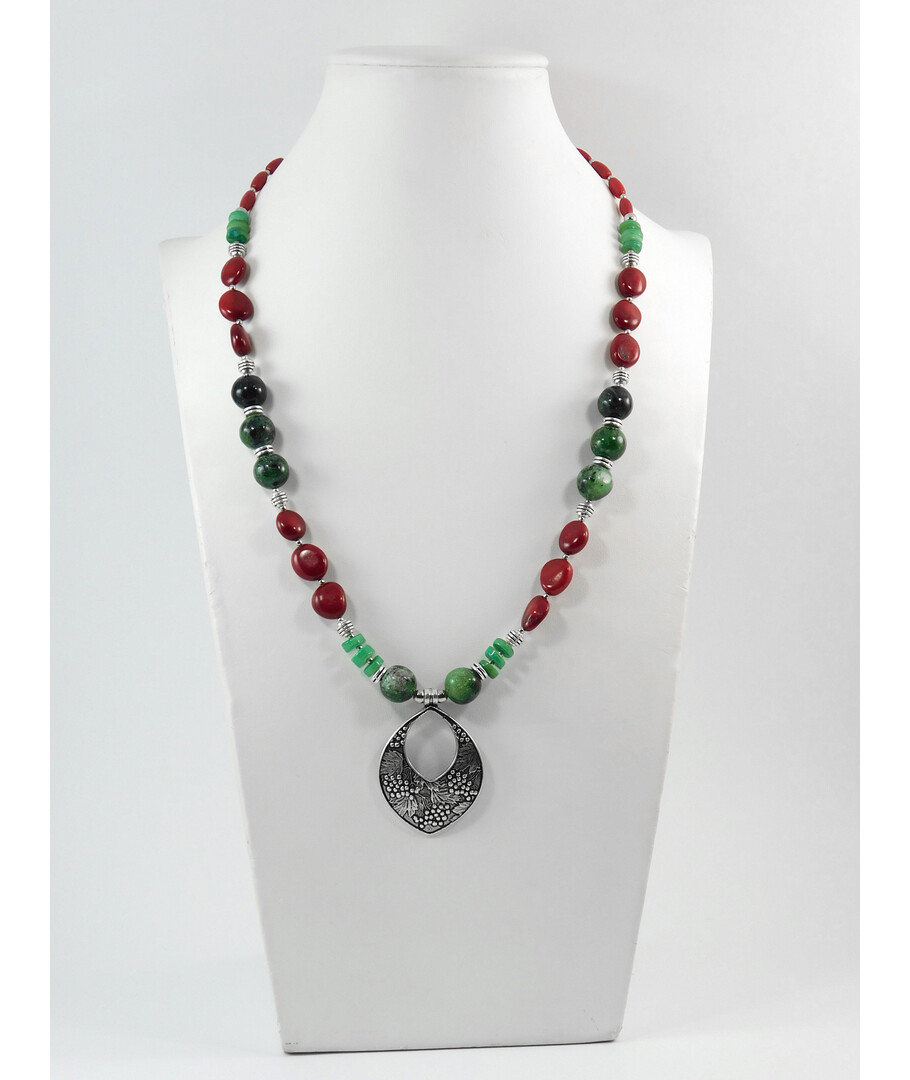 Exclusive necklace "Etna" Zoisite, Coral rice, galovka, Mother-of-pearl rondel