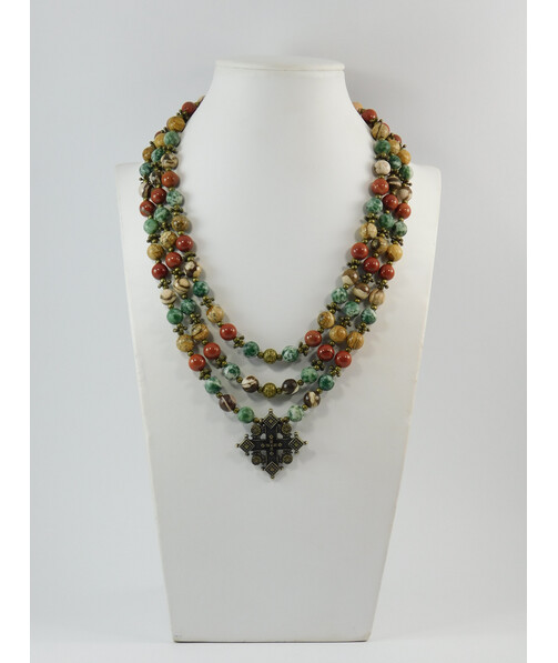 Exclusive necklace "Hutsul motifs" Jasper, 3 rows