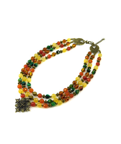 Exclusive necklace "Hutsul motifs" Citrine, Carnelian facet, Amber, Tiger's eye facet, 3 rows