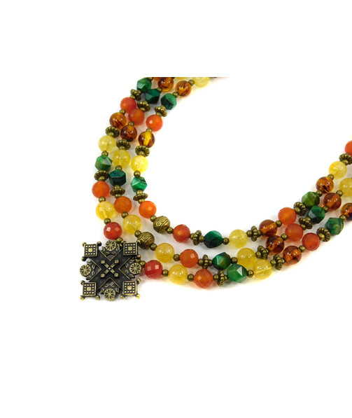 Exclusive necklace "Hutsul motifs" Citrine, Carnelian facet, Amber, Tiger's eye facet, 3 rows