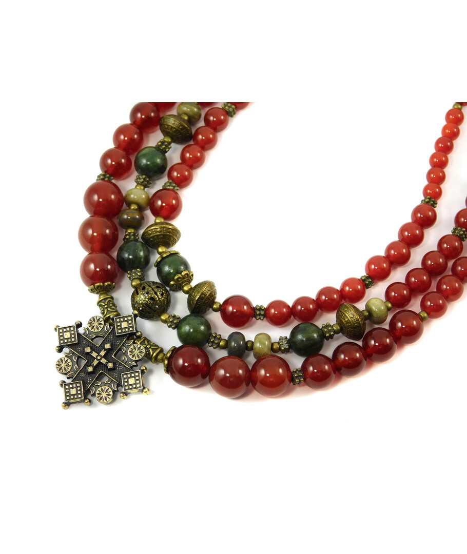 Exclusive necklace "Erida" Carnelian, Jadeite, Jasper rondel, 3 rows