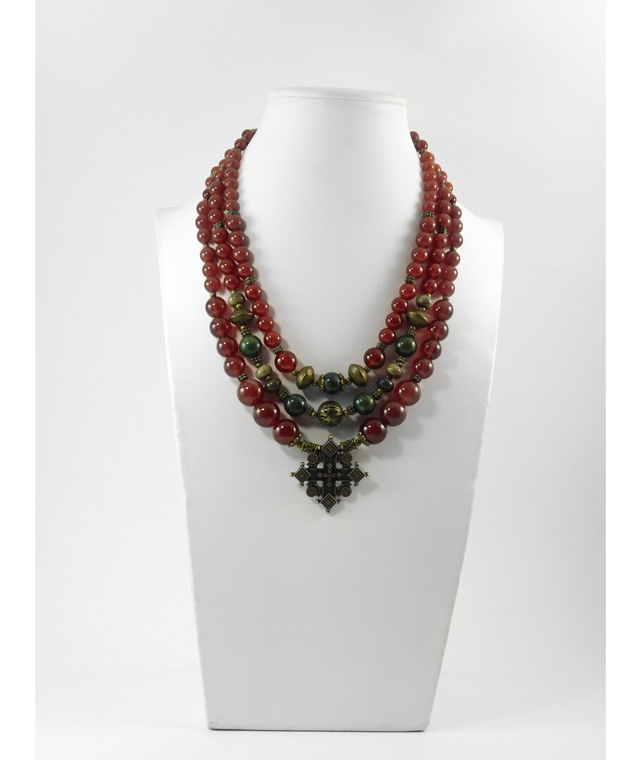 Exclusive necklace "Erida" Carnelian, Jadeite, Jasper rondel, 3 rows