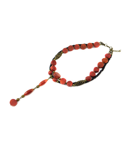 Exclusive necklace "Katrina" Sponge coral, coin, Carnelian tube, 2 rows