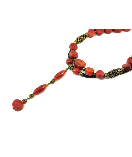 Exclusive necklace "Katrina" Sponge coral, coin, Carnelian tube, 2 rows