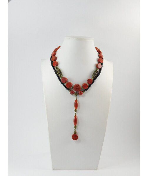 Exclusive necklace "Katrina" Sponge coral, coin, Carnelian tube, 2 rows