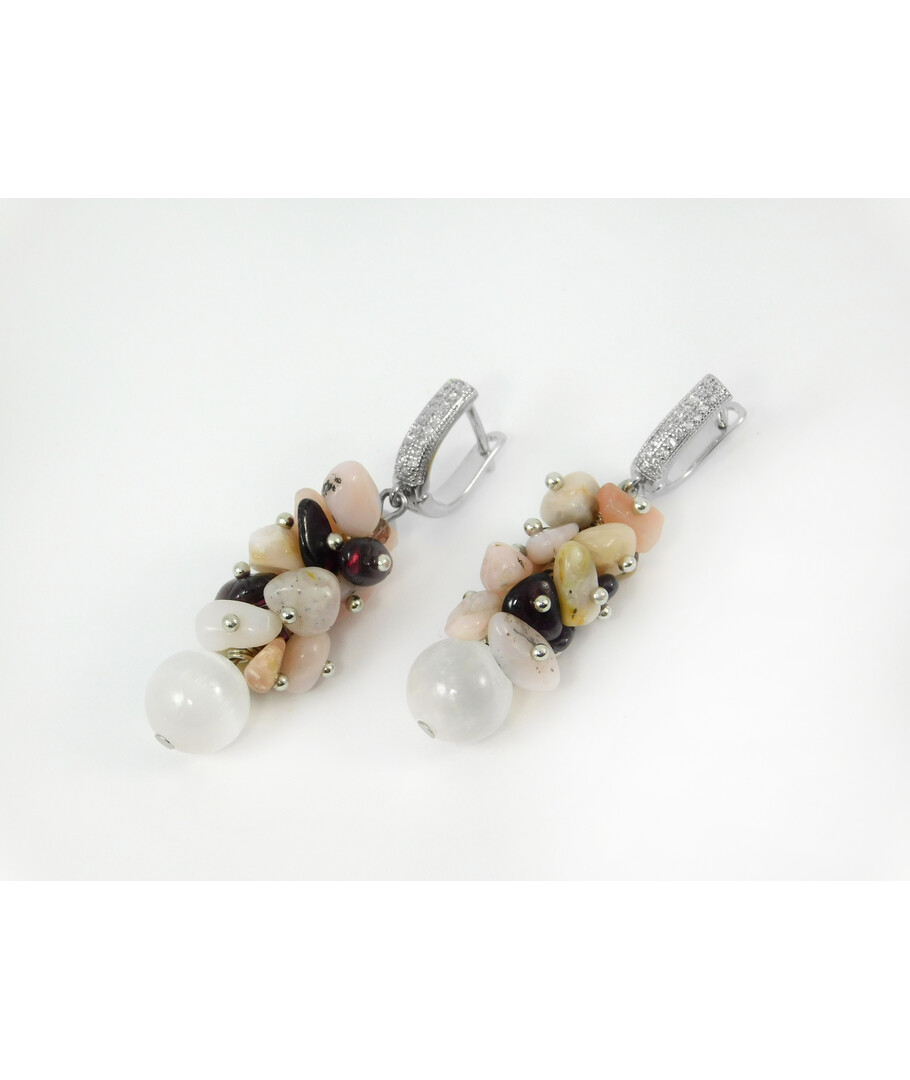 Exclusive earrings "Selenite" Selenite, Opal, Garnet crumb