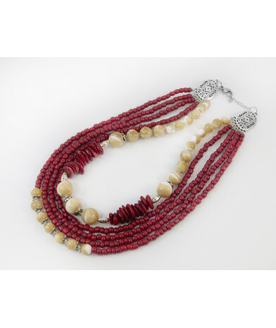 Exclusive necklace "Irma" Mother of pearl, coral crumb, 5 rows