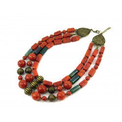 Exclusive necklace "Dominika" Sponge coral, tube, Jasper cylinder, 3 rows