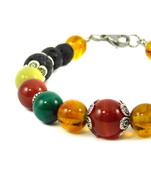 Exclusive bracelet Amber, Cat's eye, Malachite, Carnelian