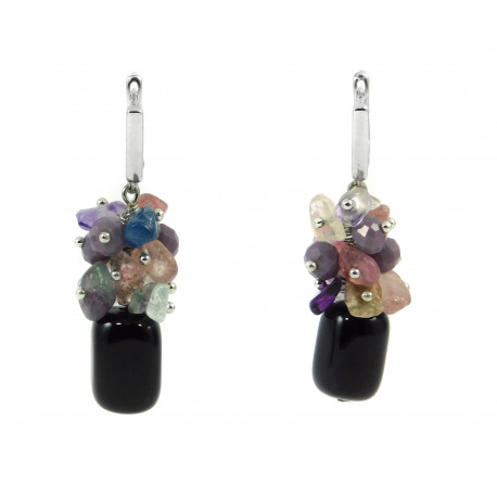 Exclusive earrings "Spring mallows" Agate bar, Amethyst crumb, Chalcedony, Fluorite
