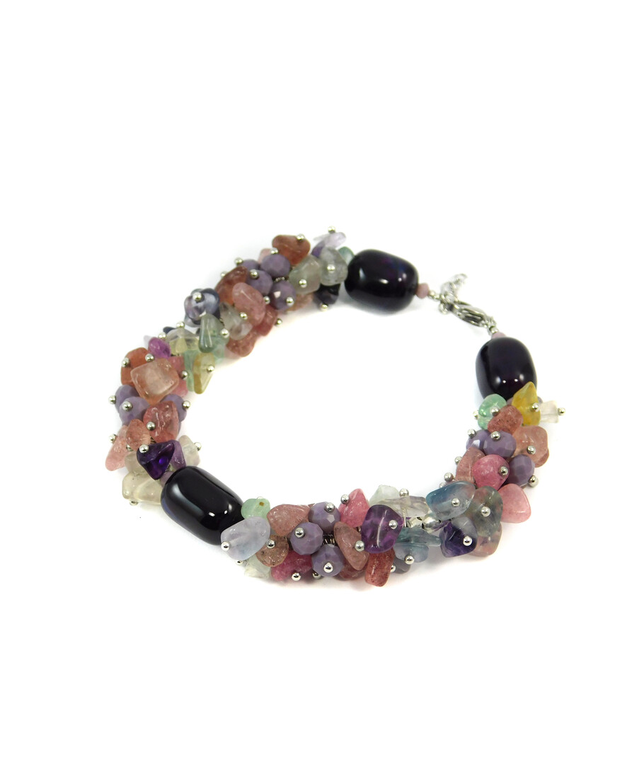 Exclusive bracelet "Spring mallows" Agate bar, Amethyst crumb, Chalcedony, Fluorite