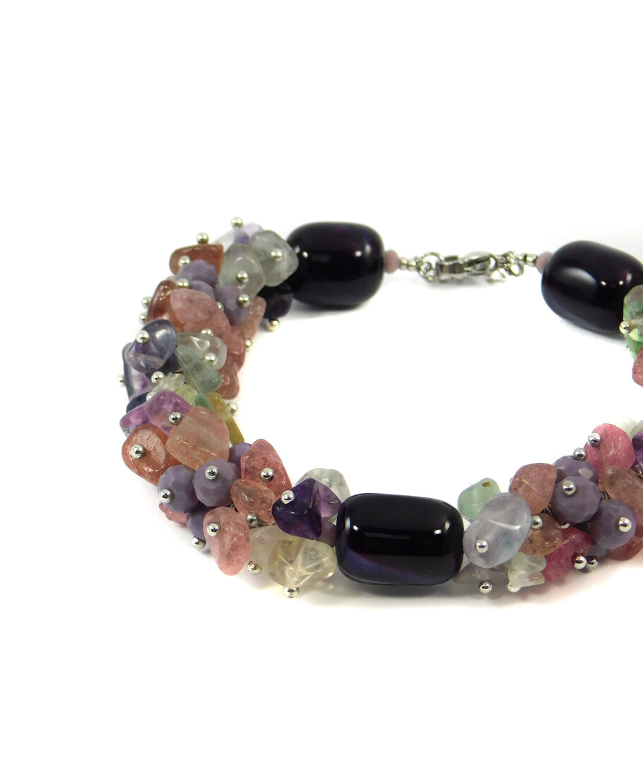 Exclusive bracelet "Spring mallows" Agate bar, Amethyst crumb, Chalcedony, Fluorite