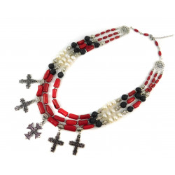 Exclusive necklace "Vesuvius" Rondel pearls, Lava, Rice coral, 3 rows