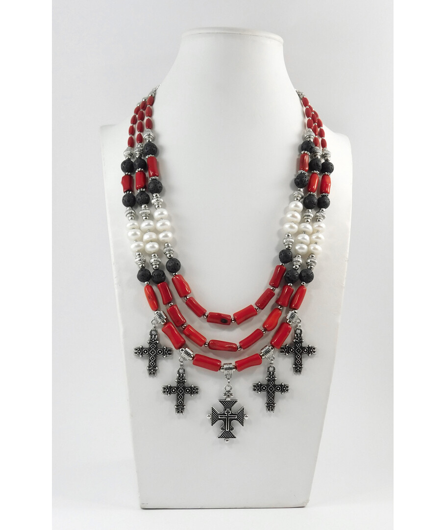 Exclusive necklace "Vesuvius" Rondel pearls, Lava, Rice coral, 3 rows