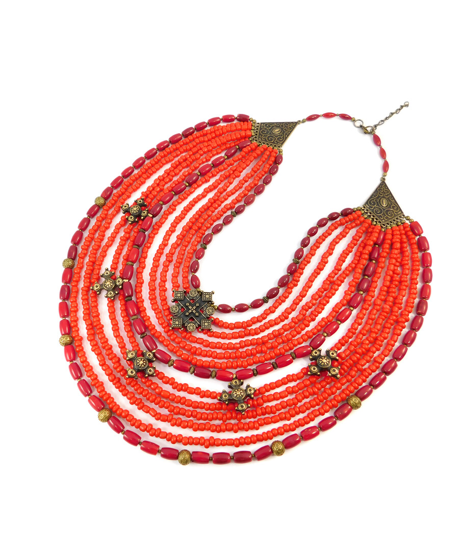 Exclusive necklace "Cossack" Coral rice, 13 rows