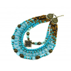Exclusive necklace "Almira" Amazonite, Turquoise, Tiger. eye, Cat's eye, 5-row