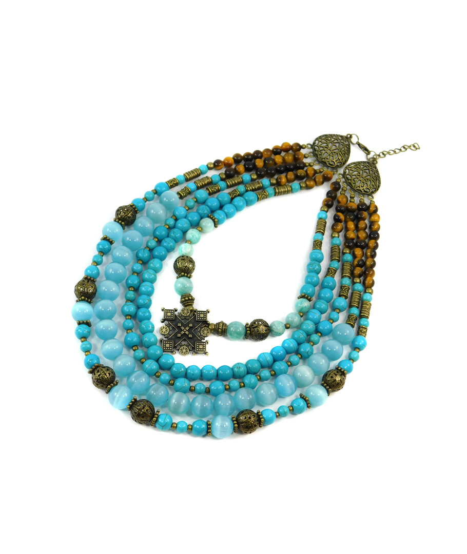 Exclusive necklace "Almira" Amazonite, Turquoise, Tiger. eye, Cat's eye, 5-row