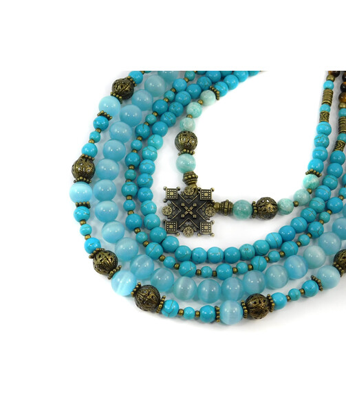 Exclusive necklace "Almira" Amazonite, Turquoise, Tiger. eye, Cat's eye, 5-row