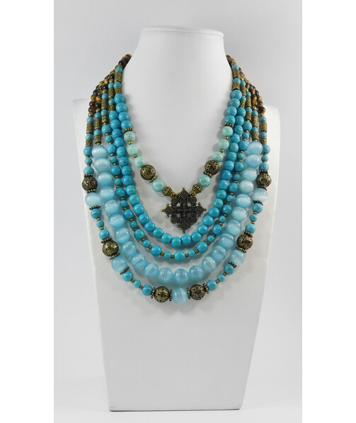 Exclusive necklace "Almira" Amazonite, Turquoise, Tiger. eye, Cat's eye, 5-row