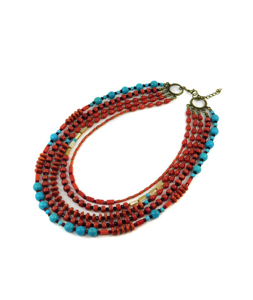 Exclusive necklace "Vicontessa" Coral drop, tube, rondel, Turquoise, Mother of pearl, 5th