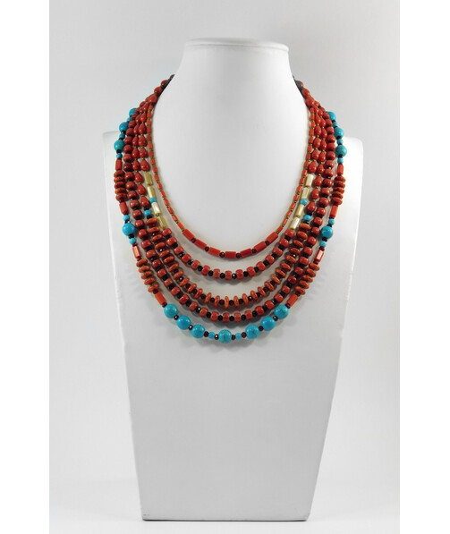 Exclusive necklace "Vicontessa" Coral drop, tube, rondel, Turquoise, Mother of pearl, 5th