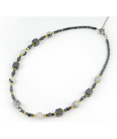 Exclusive necklace "Hyperbola" Rutile quartz, Hematite cube