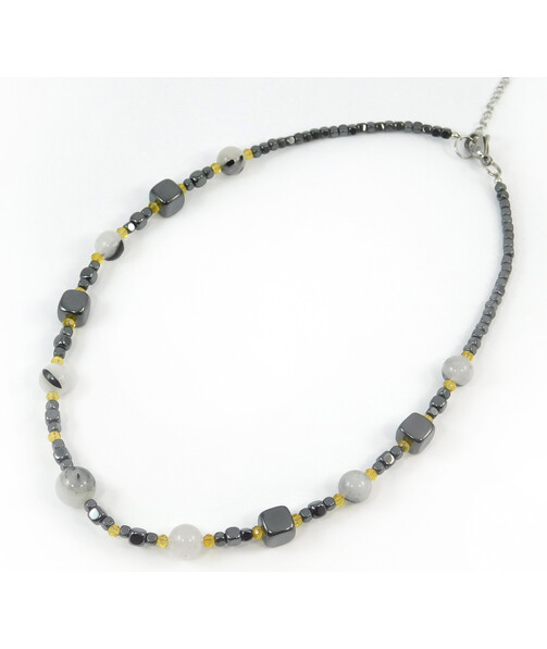 Exclusive necklace "Hyperbola" Rutile quartz, Hematite cube