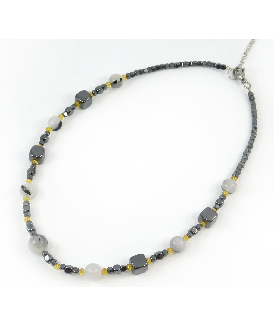 Exclusive necklace "Hyperbola" Rutile quartz, Hematite cube