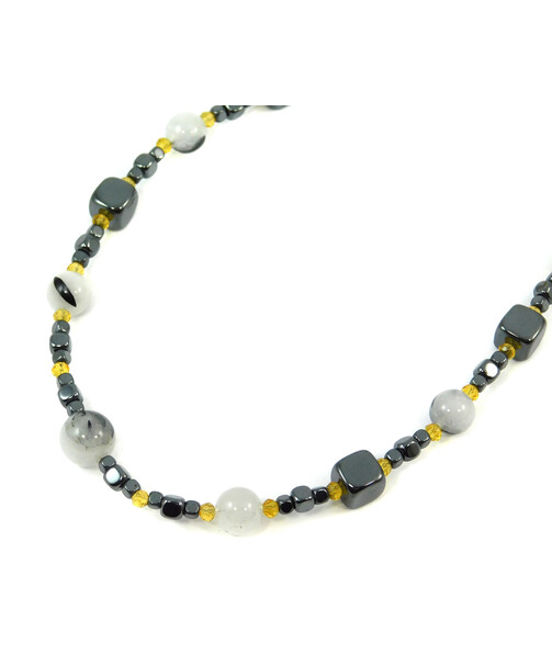 Exclusive necklace "Hyperbola" Rutile quartz, Hematite cube