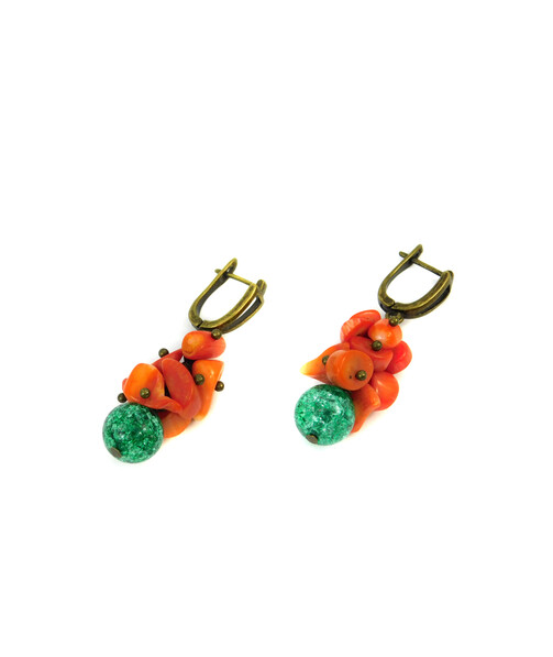 Exclusive earrings "Autumn Melody" Sugar quartz, Coral crumb