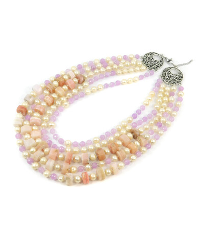 Exclusive necklace "Paris" Opal galtovka, Kunzite facet, Pearls beige, 5-row