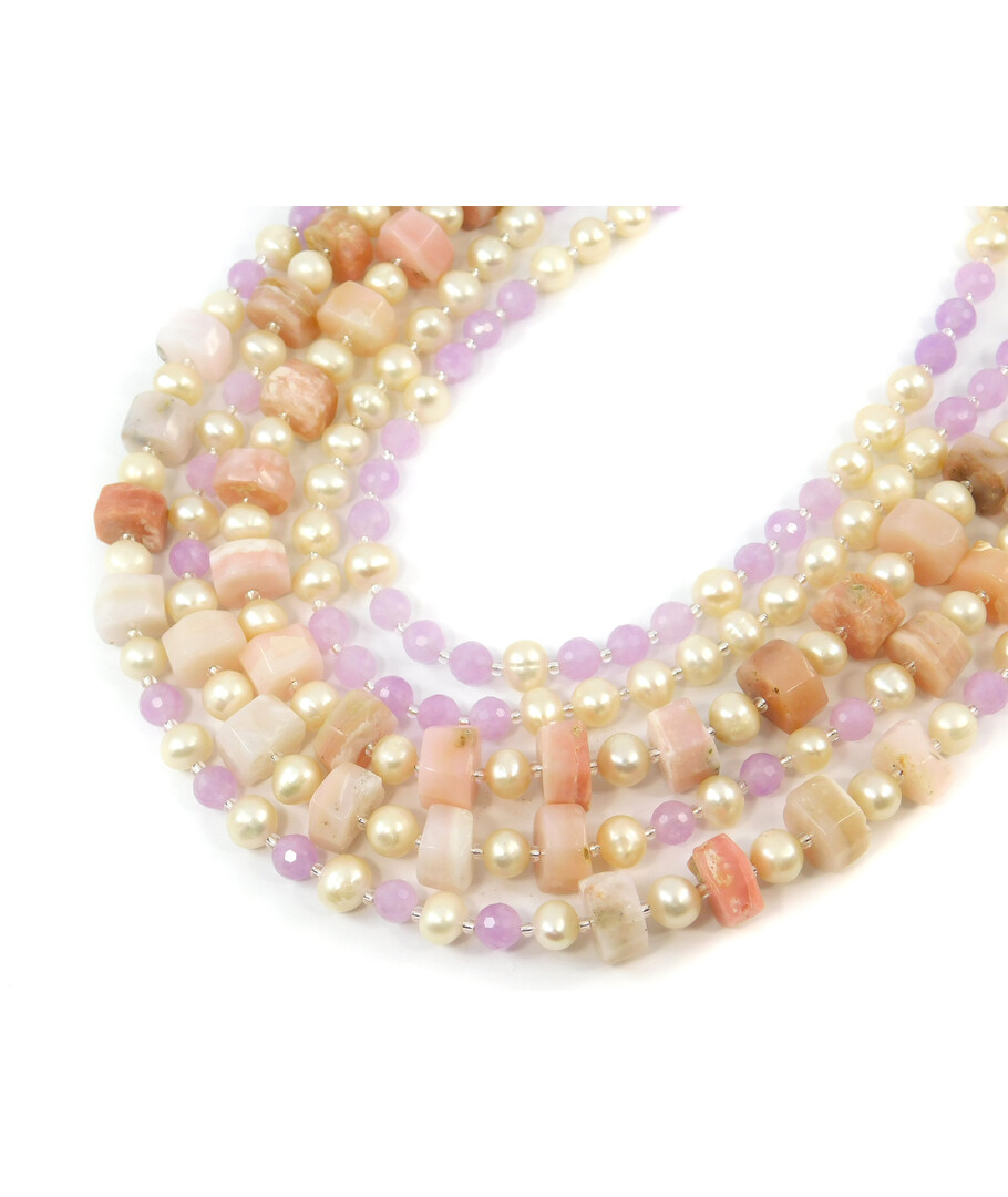 Exclusive necklace "Paris" Opal galtovka, Kunzite facet, Pearls beige, 5-row