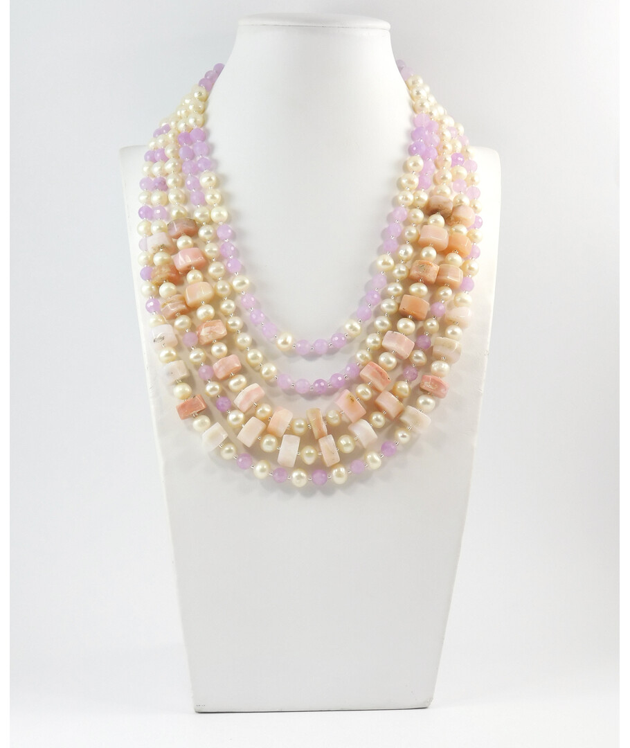 Exclusive necklace "Paris" Opal galtovka, Kunzite facet, Pearls beige, 5-row