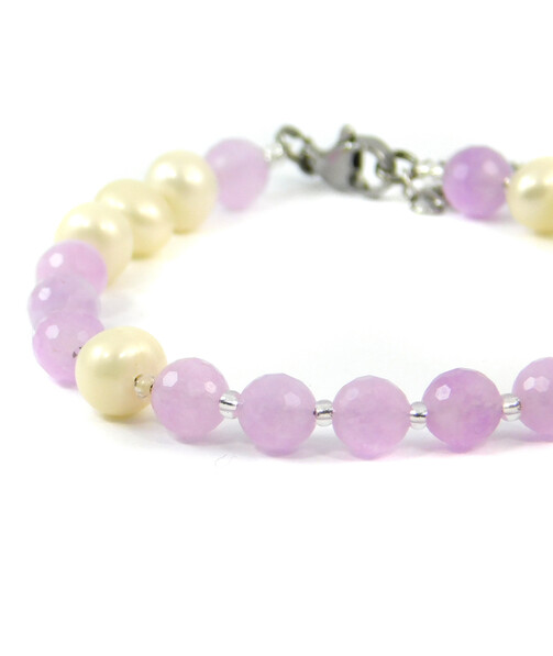 Exclusive bracelet "Paris" Kunzite facet, Pearls beige