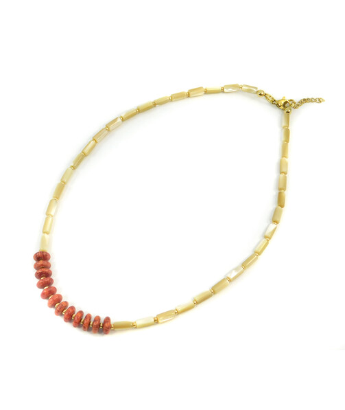 Exclusive necklace "Trubochka" Mother-of-pearl tube, coral sponge. rondel