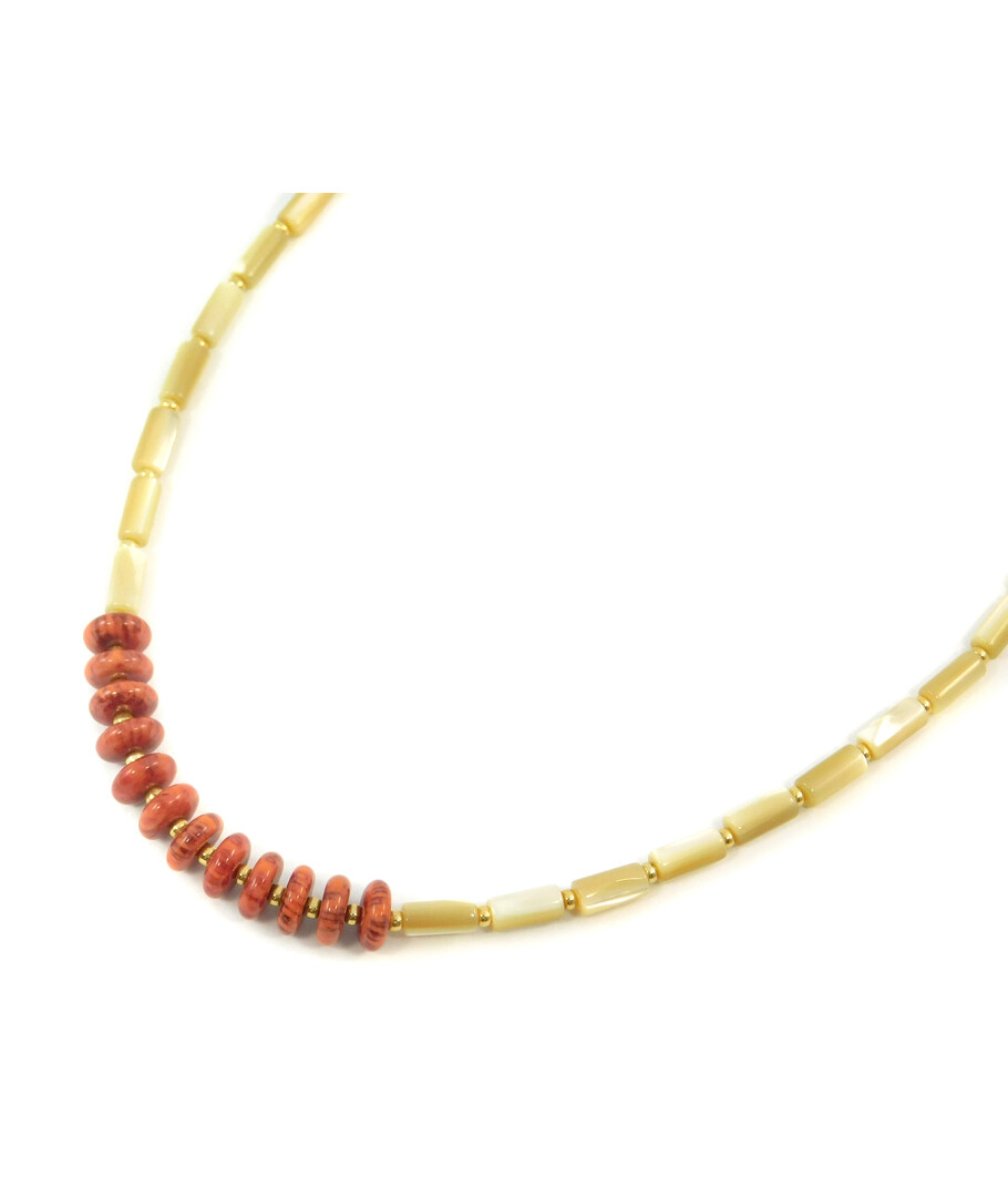 Exclusive necklace "Trubochka" Mother-of-pearl tube, coral sponge. rondel