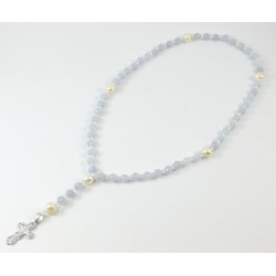 Aquamarine prayer rosary, oval pearls, silver cross