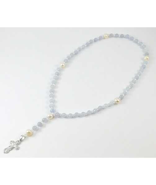 Aquamarine prayer rosary, oval pearls, silver cross