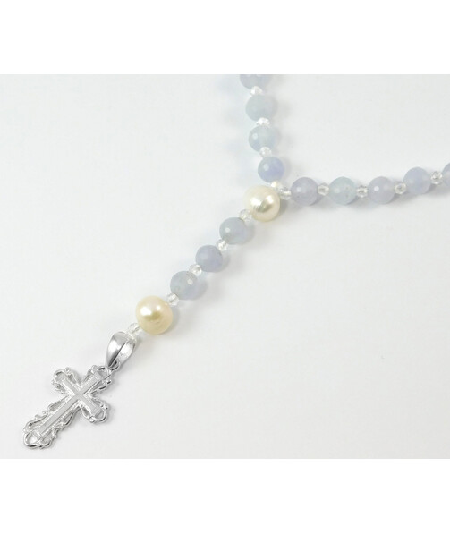 Aquamarine prayer rosary, oval pearls, silver cross