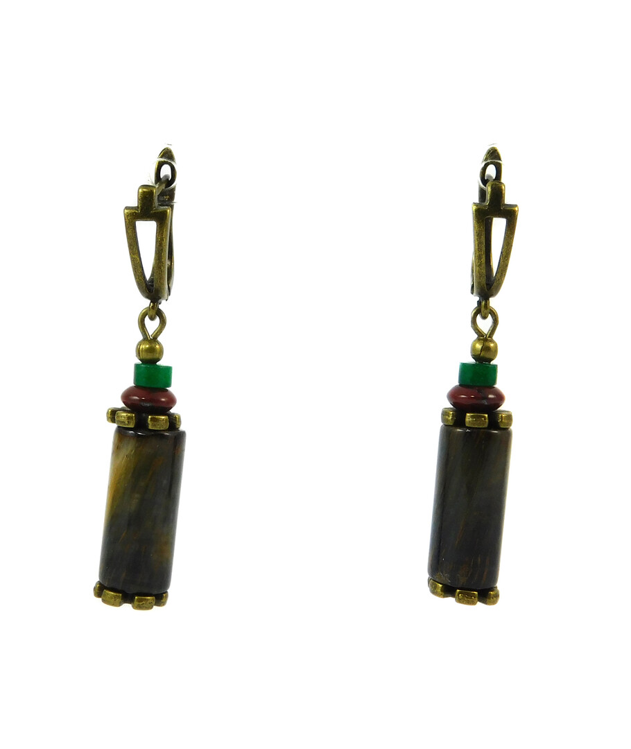 Exclusive earrings "Forest spark" Falcon eye cylinder, Chrysoprase rondel, Jasper rondel