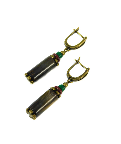 Exclusive earrings "Forest spark" Falcon eye cylinder, Chrysoprase rondel, Jasper rondel