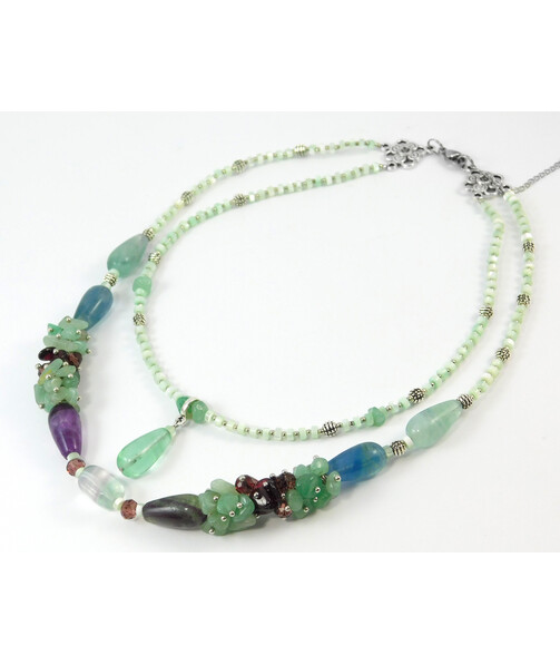 Exclusive necklace "The Temptation of Green" Fluorite drop, galotvka, Mother-of-pearl rondel, Jade, crumb face