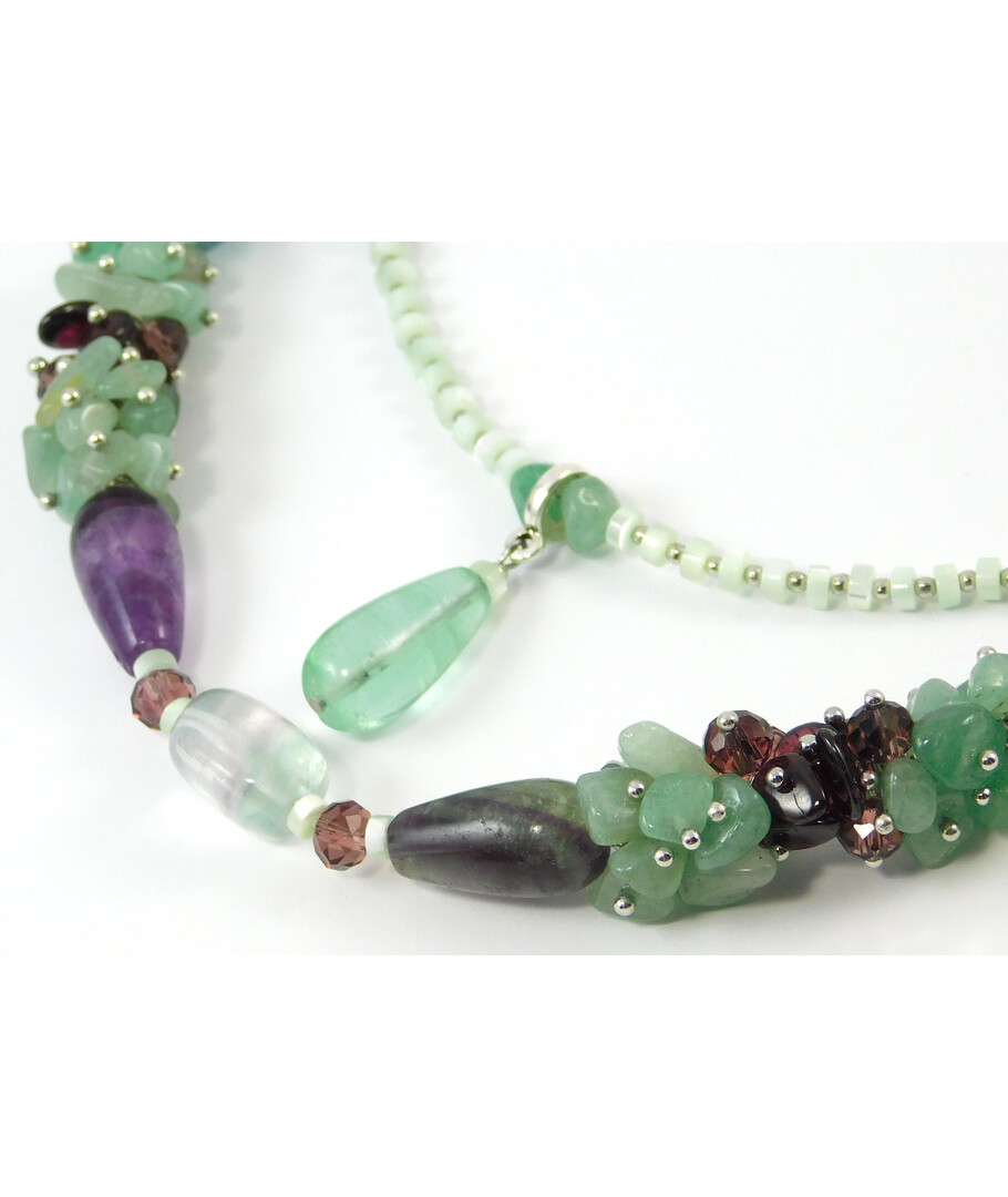 Exclusive necklace "The Temptation of Green" Fluorite drop, galotvka, Mother-of-pearl rondel, Jade, crumb face