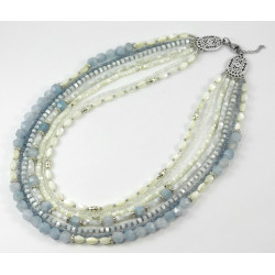 Exclusive necklace "Sea blue" multifaceted aquamarine, mother-of-pearl rice, rondel, 7 rows