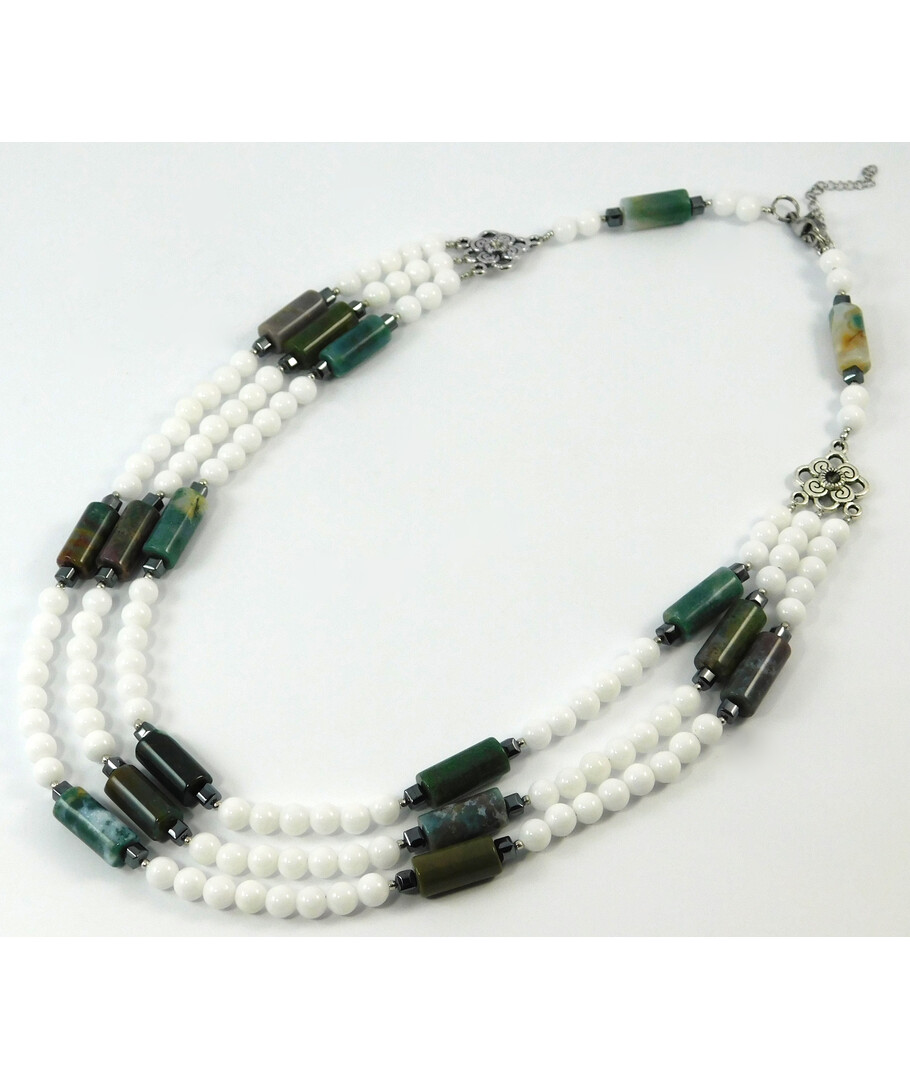 Exclusive necklace "Juniper" White agate, Barrel jasper, Hematite cube, 3 rows