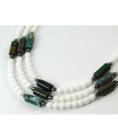 Exclusive necklace "Juniper" White agate, Barrel jasper, Hematite cube, 3 rows