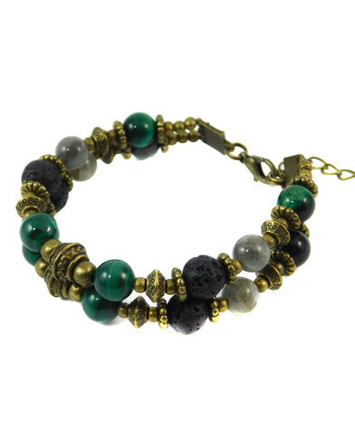 Bracelet "Hutsul motifs" Cat's eye, Labrador, Malachite, Lava