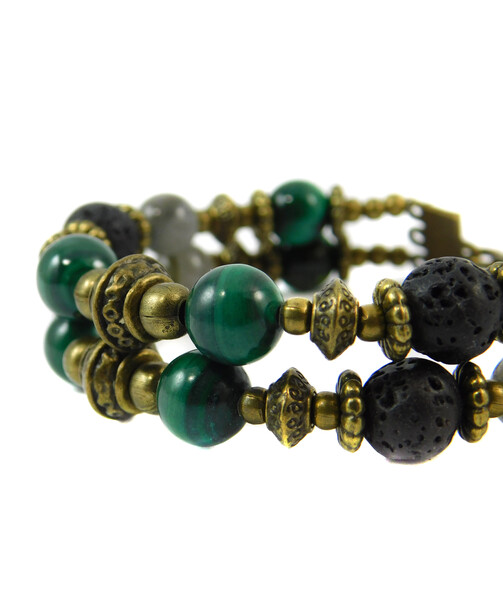 Bracelet "Hutsul motifs" Cat's eye, Labrador, Malachite, Lava